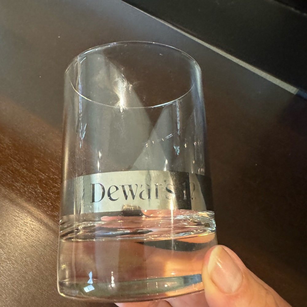 2 Dewar’s 12 silver band scotch whiskey rocks glasses.